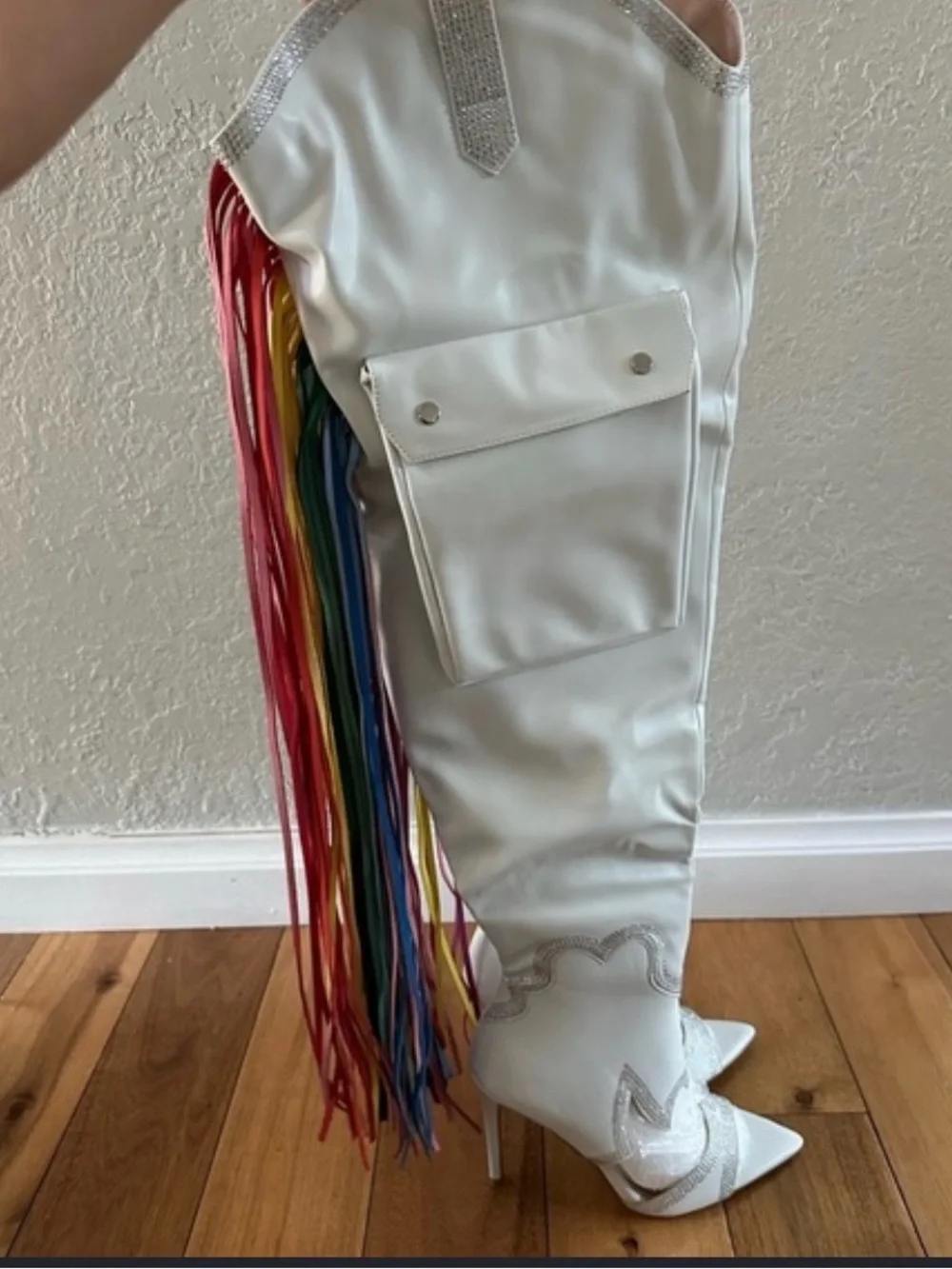 Cape Robbin Lise White Rainbow Fringe Cargo Western Thigh High Boots NWOT 8.5